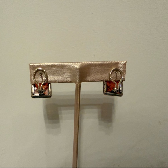 EARRINGS STERLING SILVER 925 AMBER COGNAC PIERCED CURVED HUGGIE OMEGA CLOSURE - Picture 11 of 11